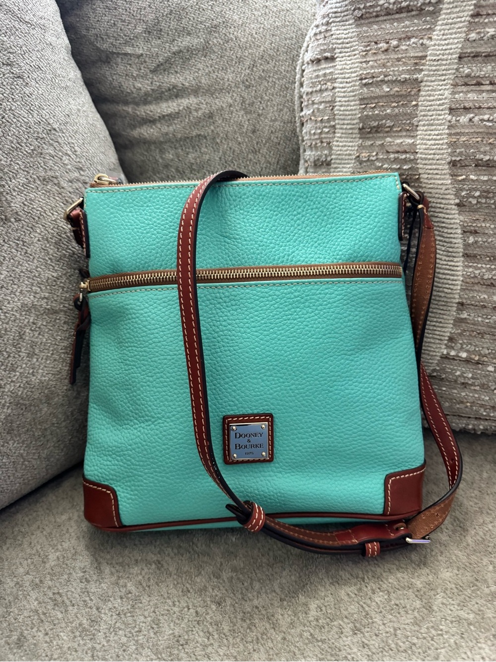 Dooney & Bourke Turquoise Pebble Leather Crossbody with Brown Trim - Picture 12 of 12